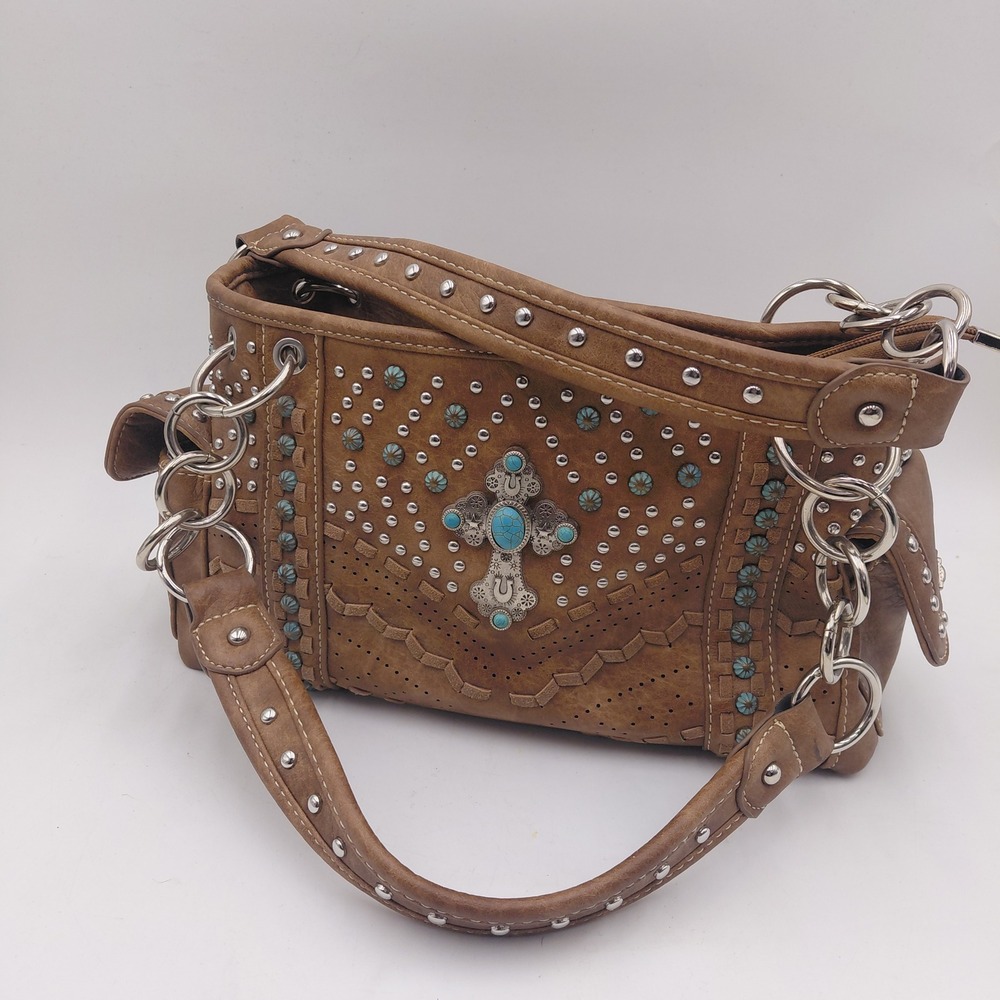 Montana West Studded Turquoise Color Cross Western Shoulder Bag Tan Faux Leather